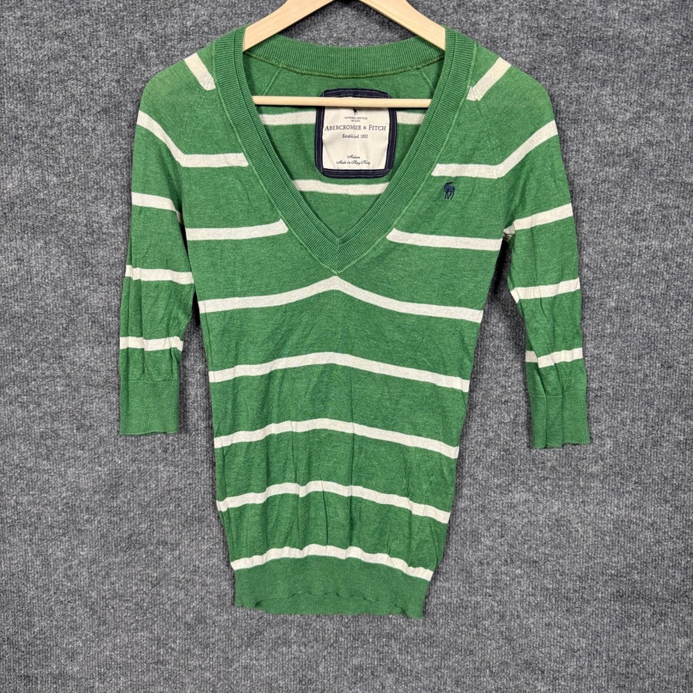 Abercrombie & Fitch Medium Preppy Y2K V Neck Sweater Green Stripe Fitted‎ Knit